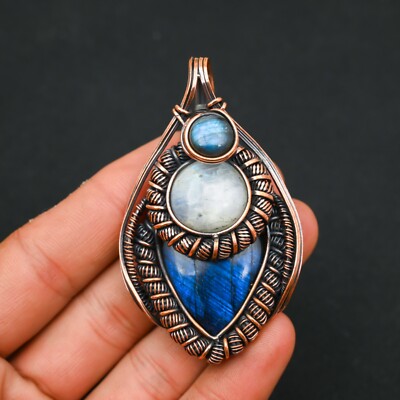 Blue Labradorite Copper Wire Wrapped Handmade Pendant Designer Jewelry Gift For