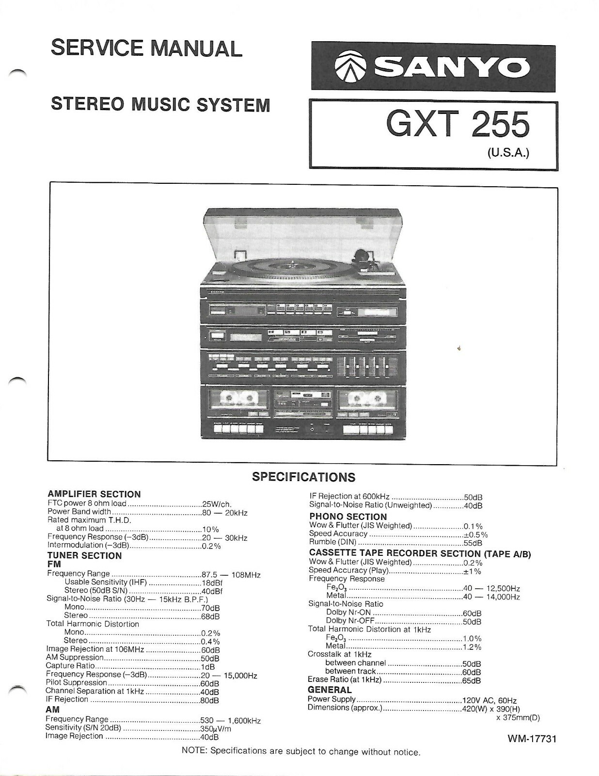 SANYO GXT255 STEREO MUSIC SYSTEM FACTORY REPAIR SERVICE MANUAL ENGLISH