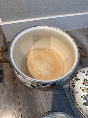 German ASTA Floral Cookware Set Brass Handle Enamelware 16 Piece