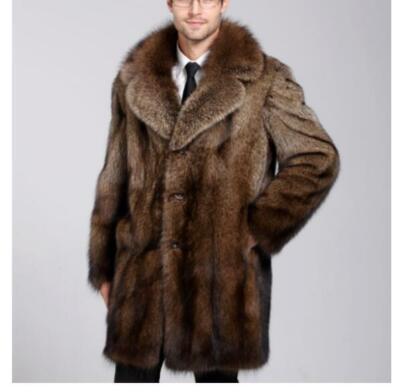 Mens Fur Coats Lapel Collar Mid Length Jacket Winter Warm Loose