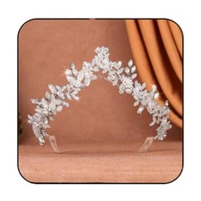 Rhinestone Crown and Tiara Silver Wedding Headband Leaf Bridal Hair Accessory...