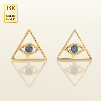 14K REAL Solid Gold Tiny Evil Eye Sapphire Stud Earrings, CZ