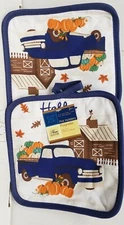 2 Same Printed Kitchen Potholders,HARVEST,BLUE TRUCK W/PUMPKINS,HELLO FALL #1,GR