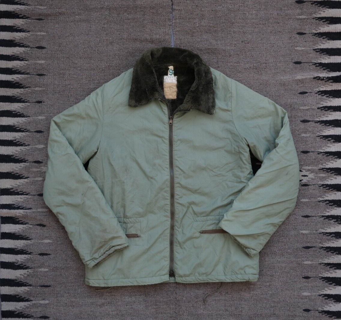 70s Vintage French Aviator Flight Parka Fur Lined Pistachio Green