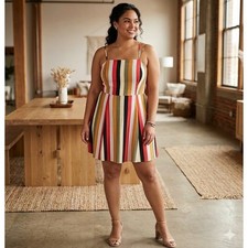Lulus Skater Dress Women Large Multi Color Striped Lace Up Back NEW