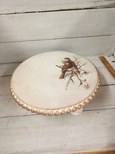 Shabby Chic Wood Pedestal Stand • Rustic Round Riser with Birds & Beaded Edge 