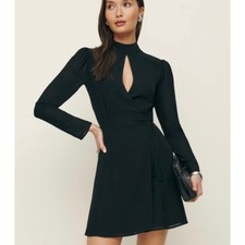 REFORMATION Ottessa Wrap Dress Mock Neck Cut-Out Puff Long Sleeve Mini, Size L