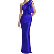 Royal Blue One Shoulder Satin Gown with Oversized Bow Detail Evening Dress