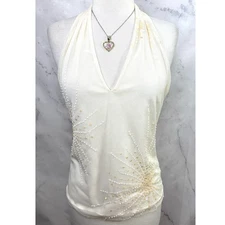 Vintage BCBG Y2k Halter Top Mesh M Babydoll Sequins 00s Fairy Coquette White