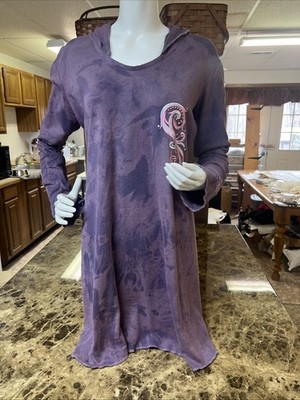 Crystal Tunic Handmade Hooded Machine Embroidered Stone Washed Purple Sz Med 