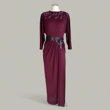 VTG 70s Jack Bryan Gown Maxi Dress Sz XS Maroon Long Sleeve Heavy Beading Draped