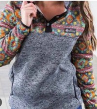 Simply Southern Fleece Pullover Gray/Southwestern Pattern Sweater, Sz Medium
