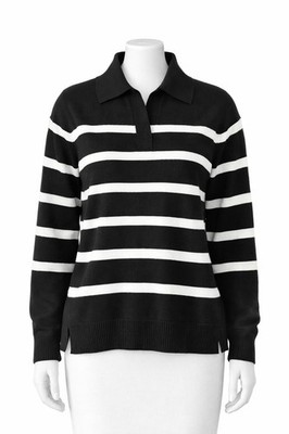Jones New York Signature Striped Sweater Polo Collar Zip Pockets Size M