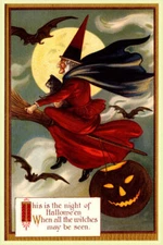 WITCH FLYING BROOM HALLOWEEN CAT FULL MOON BAT PUMPKIN VINTAGE POSTER REPRO