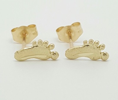 14k Solid Yellow Gold Baby Feet Lucky Stud Earrings Push Back