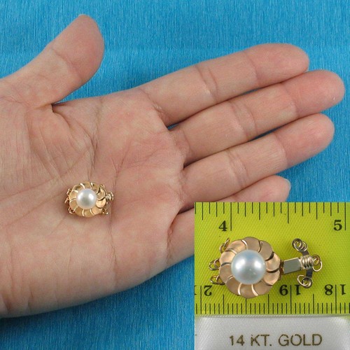 14K Yellow Gold Lotus Design Triple Strands (3 Rows) White Cultured Pearl Clasp - Picture 2 of 4