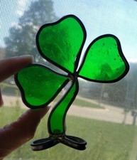 Vintage Leaded Stained Glass Three Leaf Clover Lucky Freestanding Suncatcher