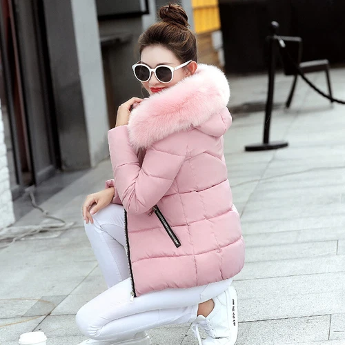 Nuevo Invierno Mujeres Plumón Algodón Cálido Chaqueta Delgada Corto Cuello de Piel Abrigo con Capucha Parka - Imagen 5 de 16