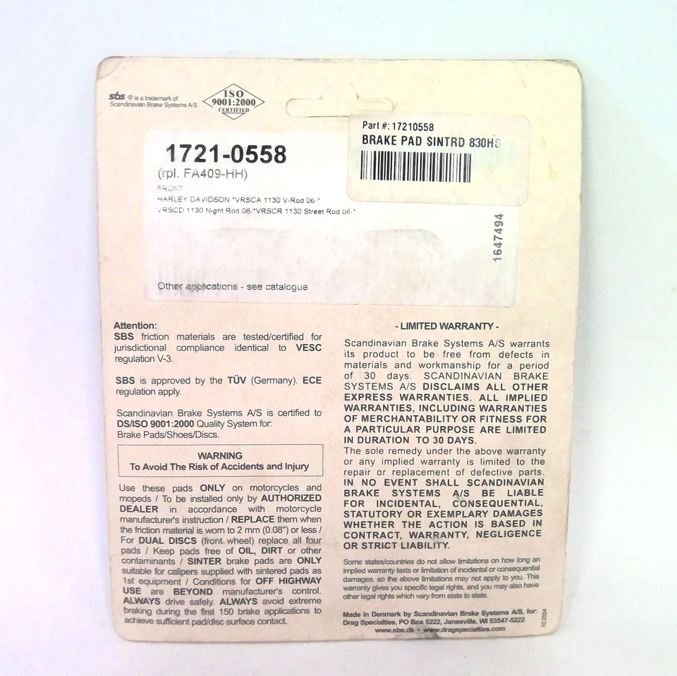 Pastillas de freno delanteras sinterizadas SBS Harley Touring 1721-0558 830H.HS Foto 4 de 4