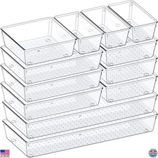 12 Pack Clear Plastic Drawer Organizers Set for Kitchen, Bathroom & Office