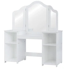 Home Bedroom Makeup Dressing Vanity Table Set Tri Folding Mirror Storage Shelves