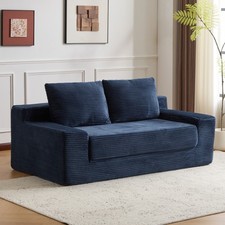 Corduroy Loveseat Sofa w/ Reversible Cushion Pillows, Dark Blue