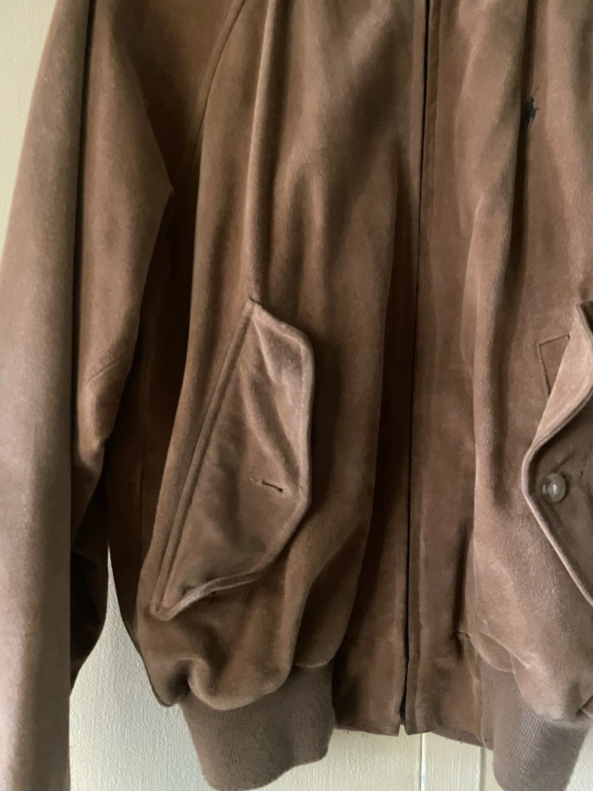 Vintage Polo Ralph Lauren Suede Bomber Jacket Mens Small Dark Camel Color As Is - product detail image 4