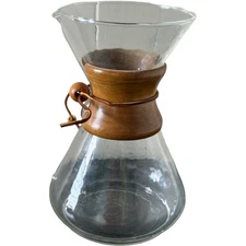Chemex 8.5" Glass 6 Cup Pour Over Coffee Maker Wood Leather Collar