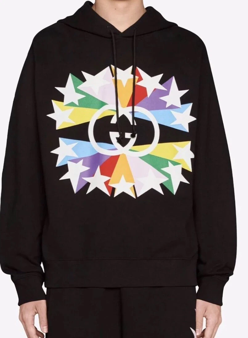 Gucci Sweat à Capuche Noir Homme Entrelacé GG Star Burst Print Noir Taille L Neuf Avec Étiquette