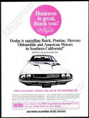 1970 Dodge Challenger RT California 500 Pace Car photo unusual vintage print ad