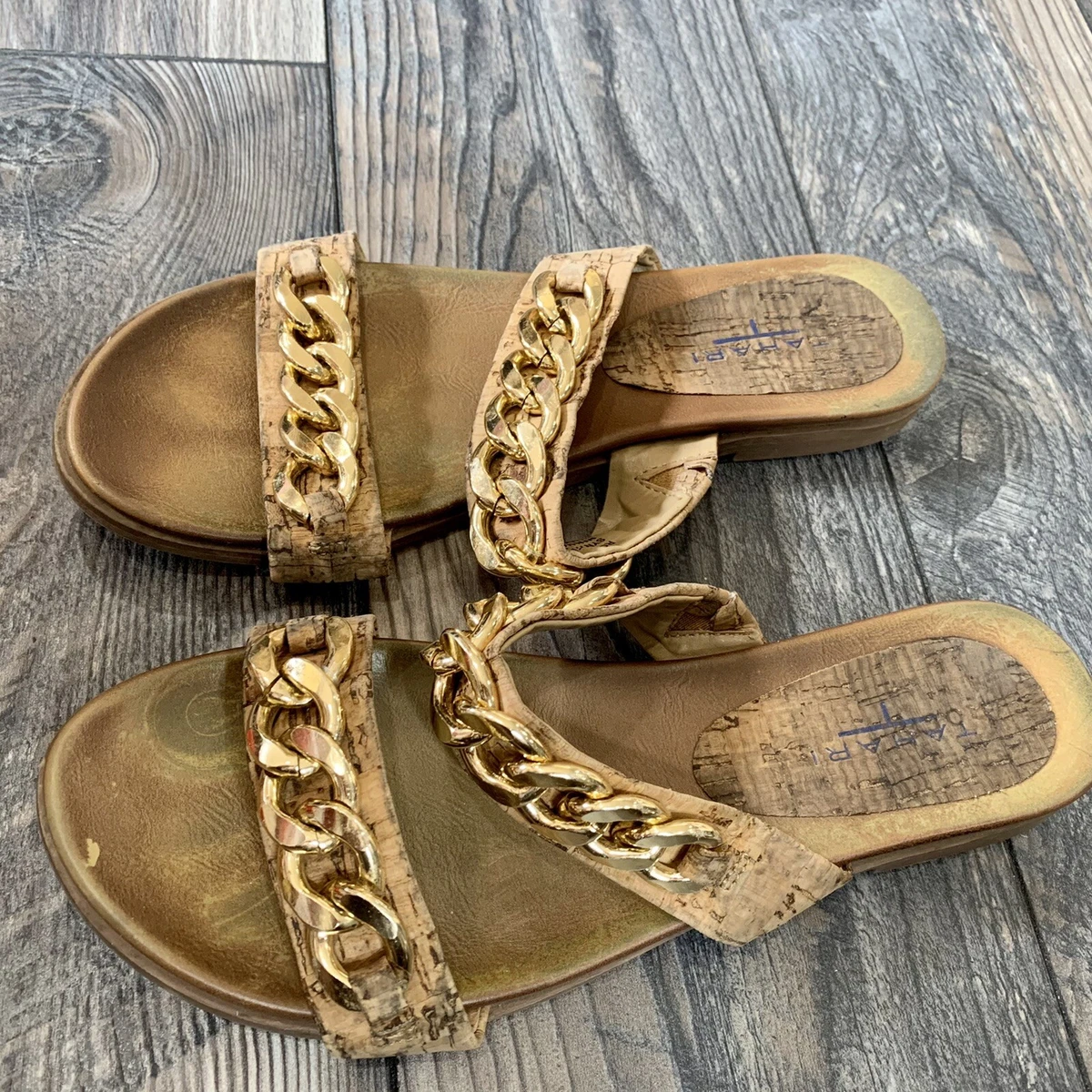 Tahari Rosabel Sandals Gold Chain Accent Cork Shoes Size 7 Vegan Leather