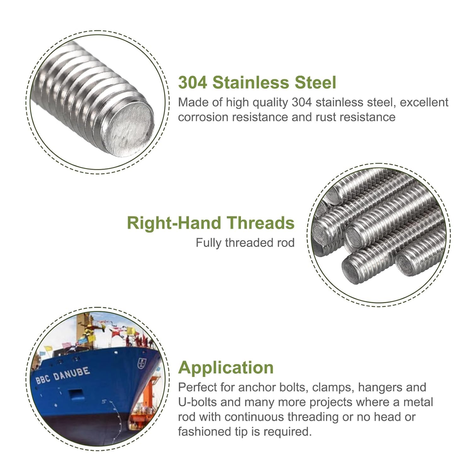 Fully Threaded Rod, M61.0 Thread Pitch, 100Mm Length 304 Stainless