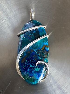 51.28ct Chrysocolla in Gem Silica Cab in Forged Sterling Silver Pendant Totl Wt