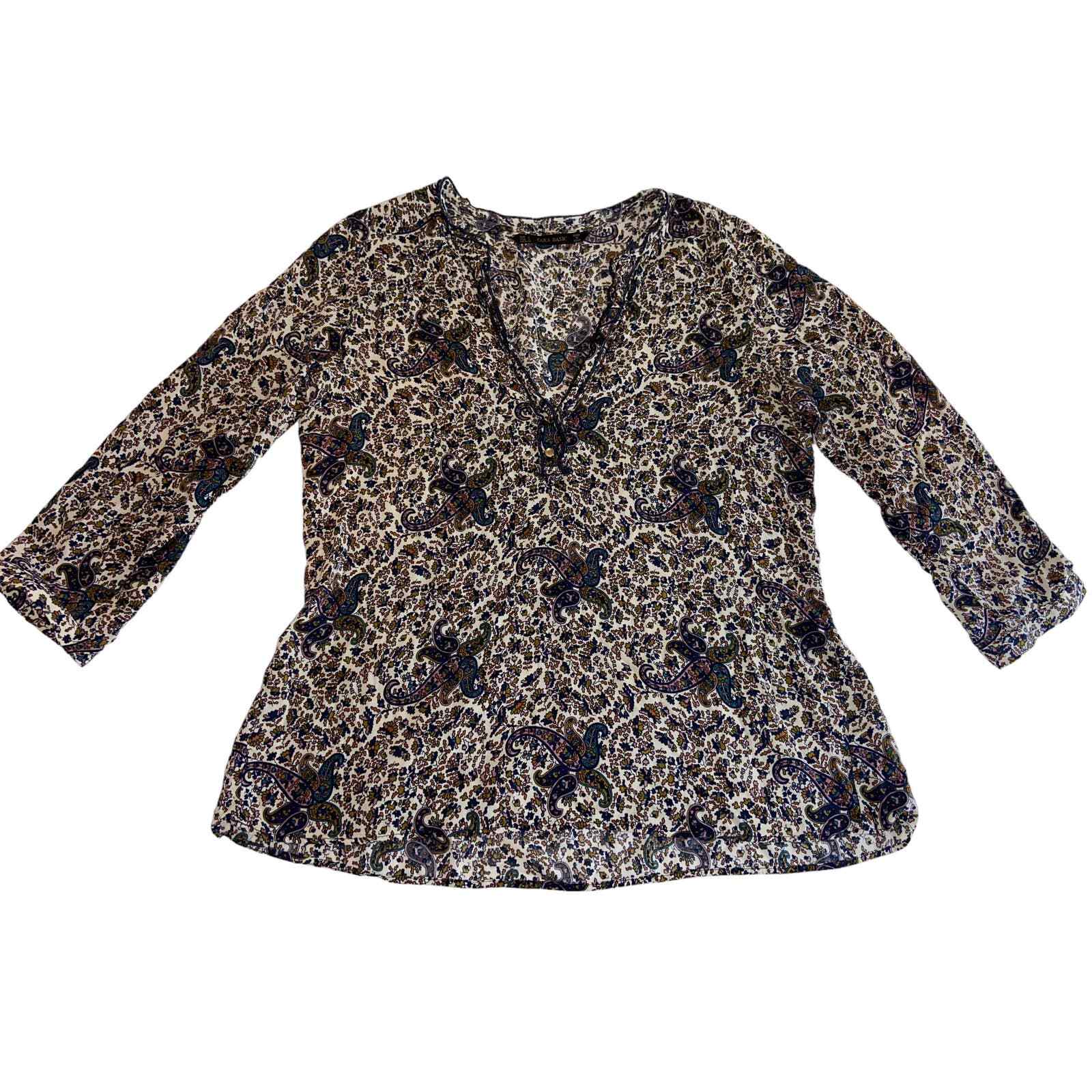 Zara Basic Paisley Print 3/4 Sleeve V Neck Top Blouse Women's Size Small