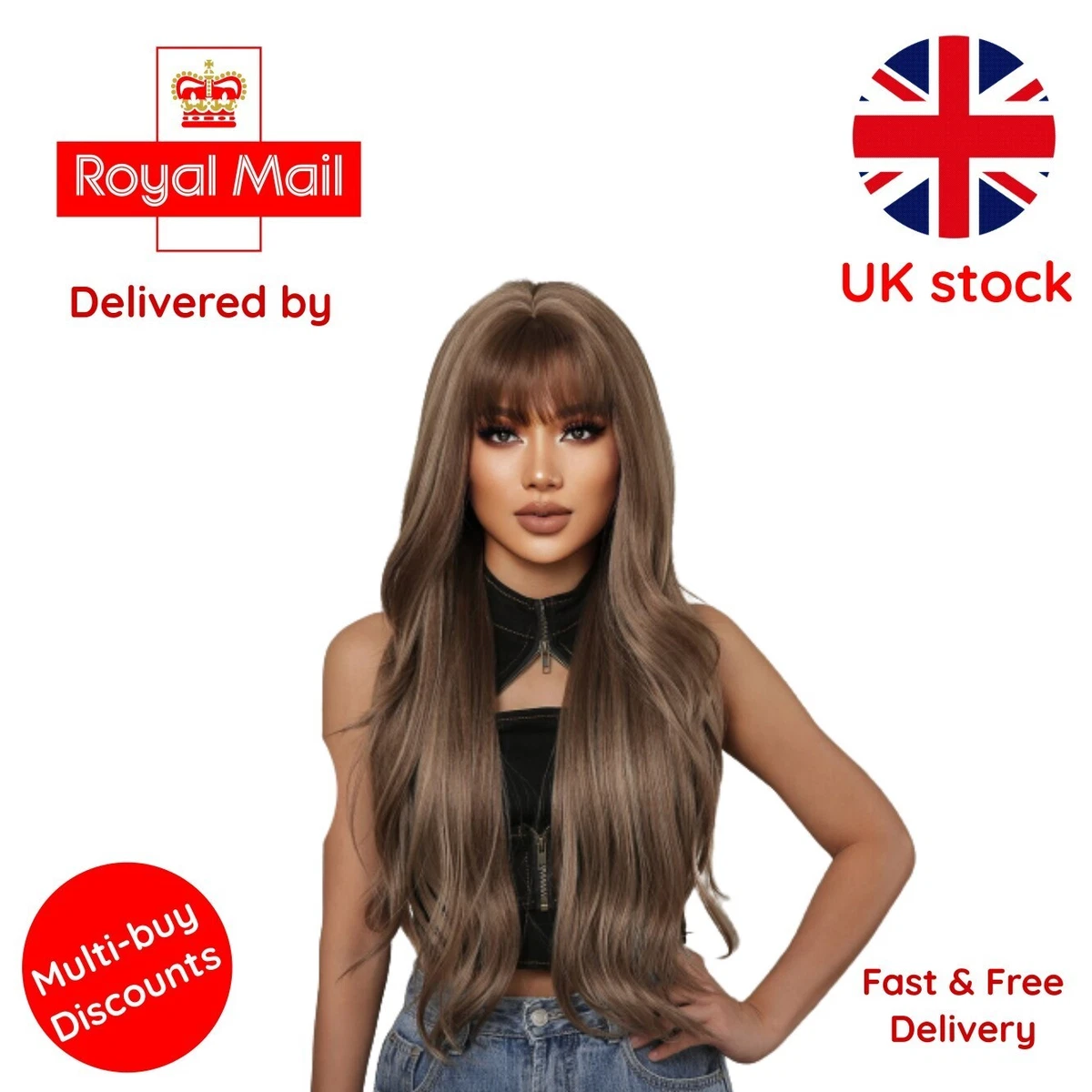 Brown Mixed Blonde Synthetic Wigs with Bang Long Natural Wavy Hair