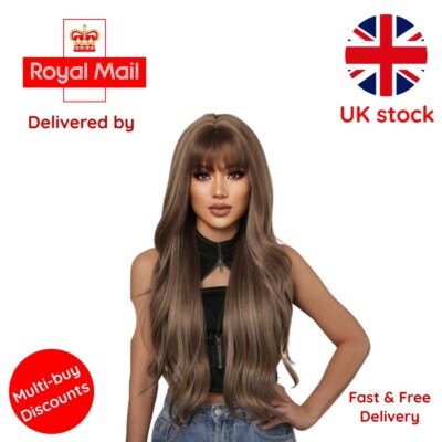 Brown Mixed Blonde Synthetic Wigs with Bang Long Natural Wavy