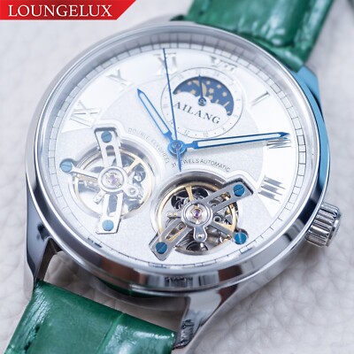 Mens Silver Double Flywheel Luxury Bling Skeleton Automatic Watch