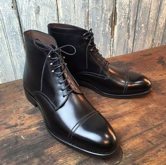 Handmade Genuine Black Leather Lace Up Vintage Ankle Men display picture 3