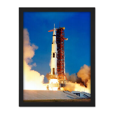 Artery8 Space NASA Apollo 11 Rocket Launch Lift Off Photo 9X9 Inch Square Wooden Framed Wall Art Print Picture with Mount