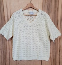 Blair Womens Vtg 80s Ivory Short Sleeve Eyelet V Neck Sweater Made in USA Sz Lg
