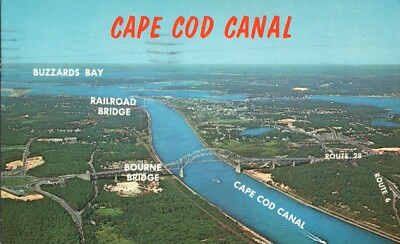 Aerial View Cape Cod Canal and Buzzards Bay Massachusetts 1964 Postcard