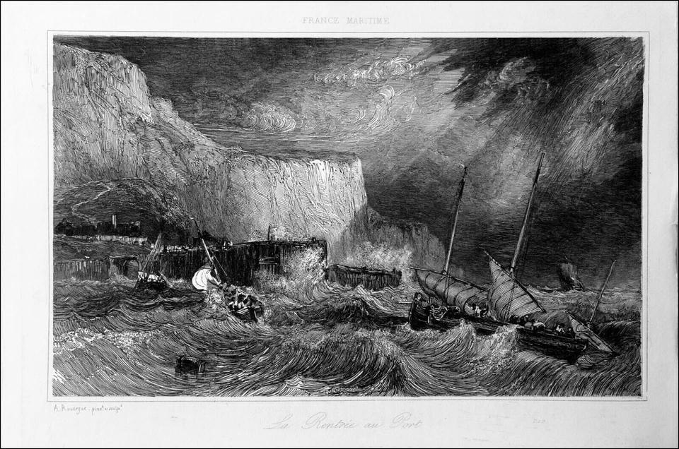 MARINE- BATEAU de PÊCHE entrant au PORT pendant une TEMPÊTE - Gravure du 19e - Photo 2/2