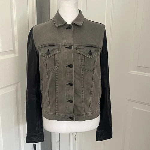 VETEMENTS Giacca jeans Rag & Bone vera pelle di agnello maniche grigio denim piccola