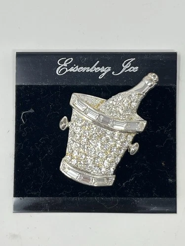 Vintage Eisenberg Champagne Bucket Brooch – Silver Tone with Crystal Accents