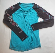 Y2K Cowgirl Tuff Shirt Size S Turquoise Brown Long Sleeve Studded Pullover Top