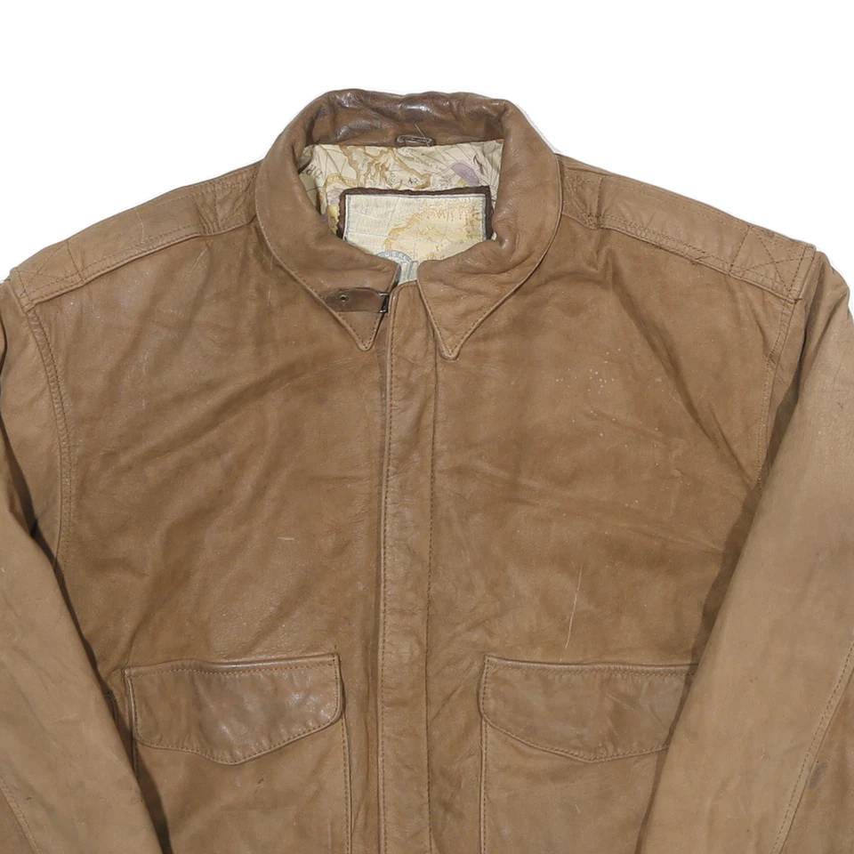 GLOBAL IDENTITY Womens Brown Leather Bomber Jacket L Zip Plain Stylish - Image 2 of 4