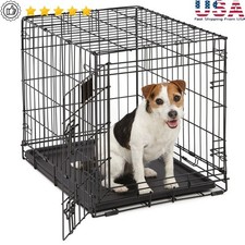 Folding Metal Dog Crate W/ Divider Leak-Proof Pan Portable Easy Storage 24in New