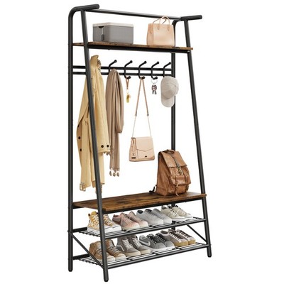 Modern 4-in-1 Hall Tree Coat Rack with Hooks, Shoe Rack & Top Storage Shelf