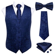 Dark Blue Vest and Tie Sets for Men Suit Waistcoat Paisley Bow Tie Pocket Squ...