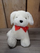 Vintage White 9  Puppy Plush Dog With Red Bow